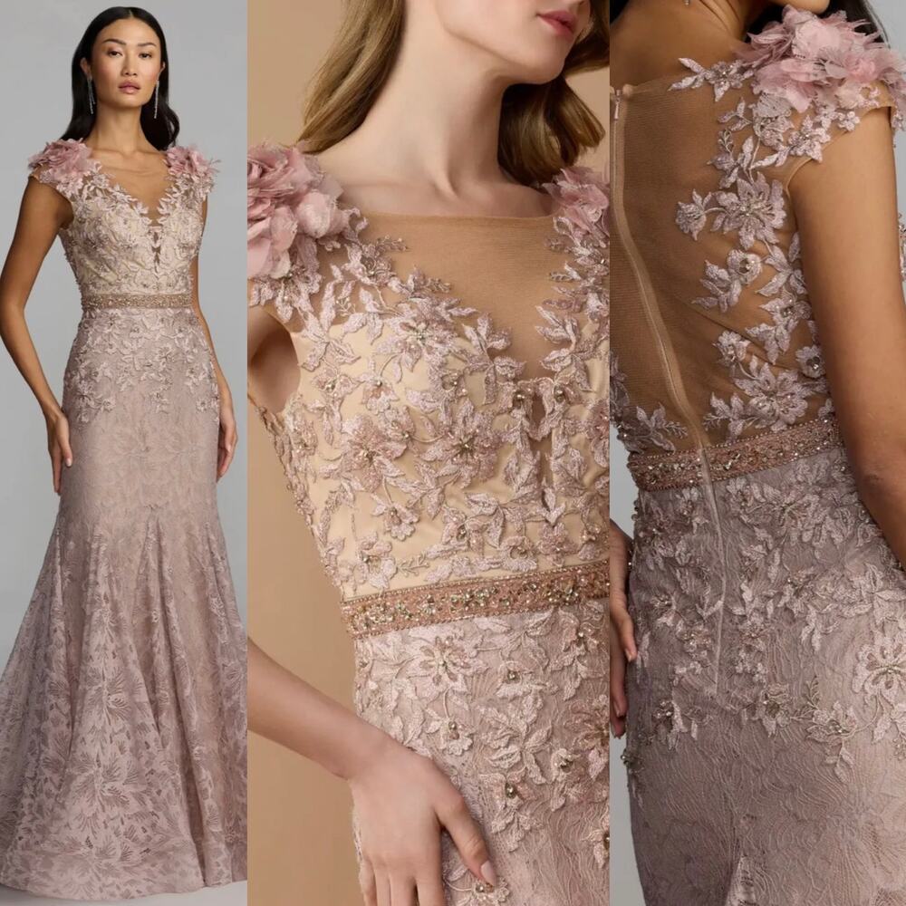 Mac Duggal 79368 Pink Embellished Lace Illusion Neck Gown With 3D Flowers Mocha - Picture 2 of 16